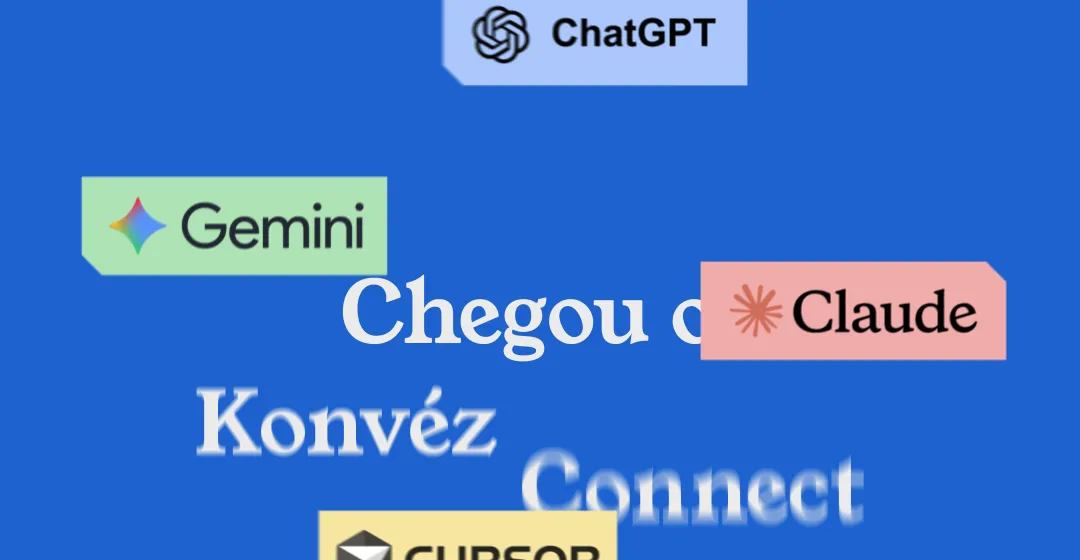 Logos do ChatGPT, Gemini, Claude e Cursor sobre fundo azul com o título Chegou o Konvéz Connect.