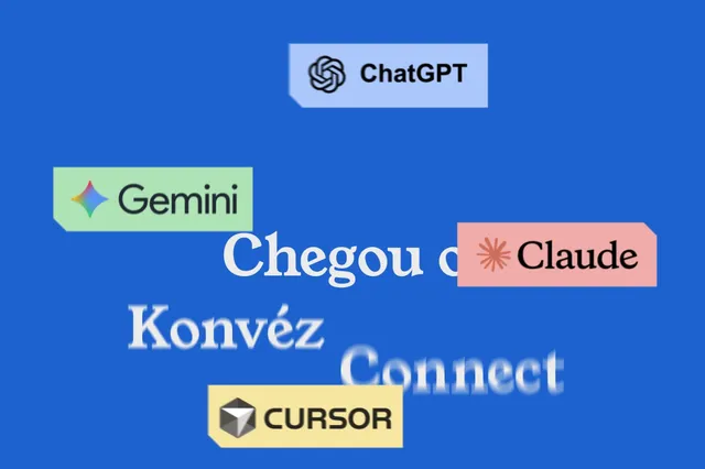 Logos do ChatGPT, Gemini, Claude e Cursor sobre fundo azul com o título Chegou o Konvéz Connect.