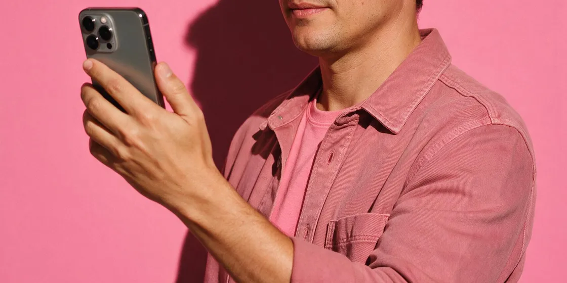 Pessoa em pé segurando um celular, com fundo rosa.