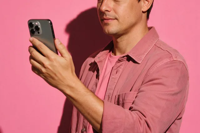 Pessoa em pé segurando um celular, com fundo rosa.