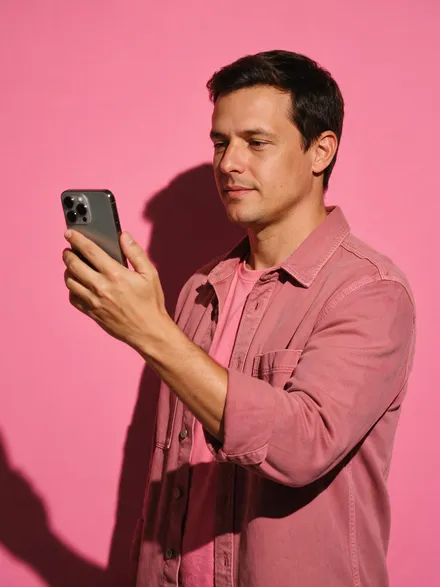 Pessoa em pé segurando um celular, com fundo rosa.