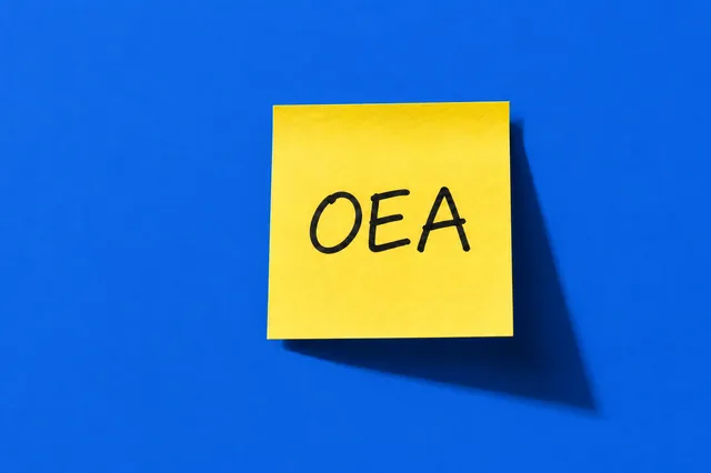 Profissional de comércio exterior diante de uma estrutura verde inspirada em contêineres, representando a certificação OEA.