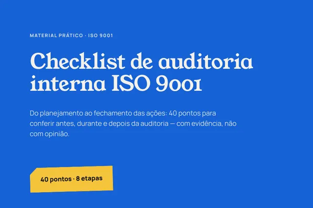 Capa do material Checklist de auditoria interna ISO 9001, com 40 pontos em 8 etapas.