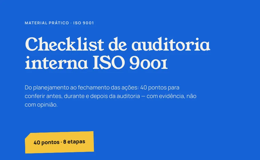 Capa do material Checklist de auditoria interna ISO 9001, com 40 pontos em 8 etapas.