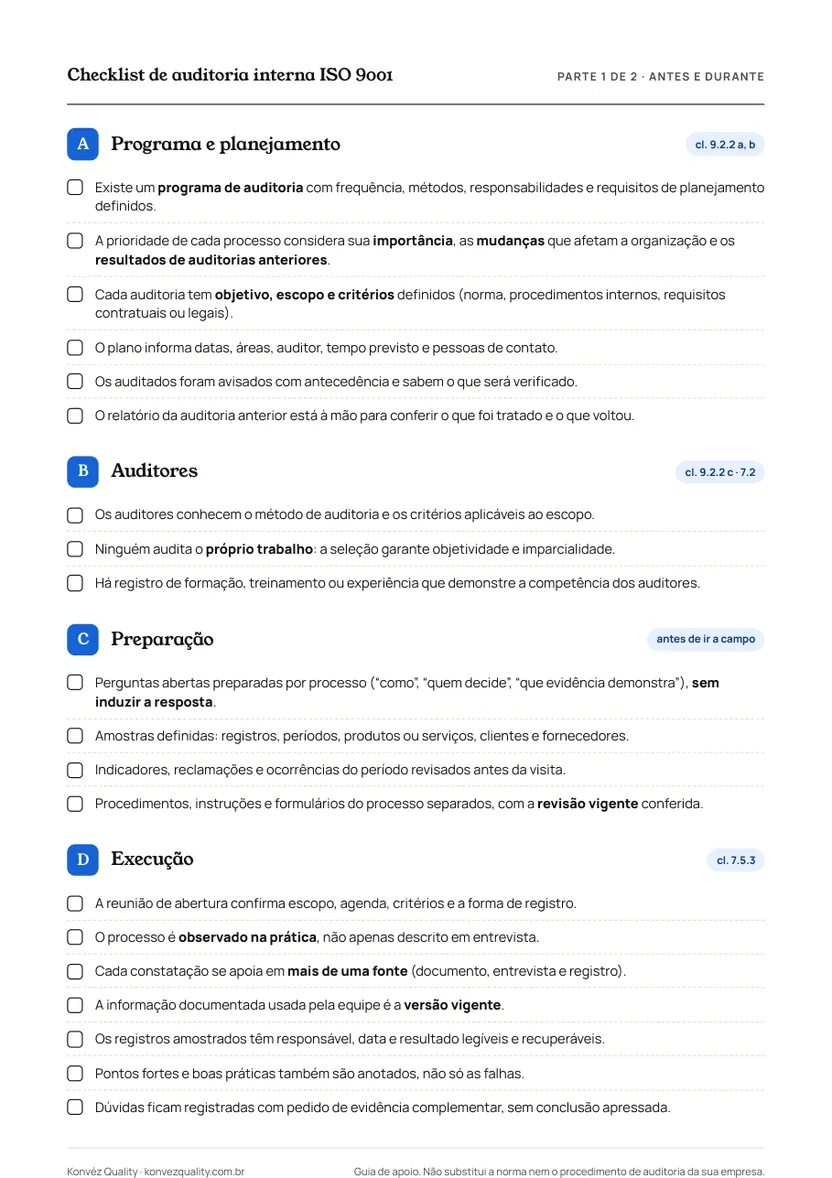 Página do checklist de auditoria interna ISO 9001 com etapas de programa, auditores, preparação e execução.
