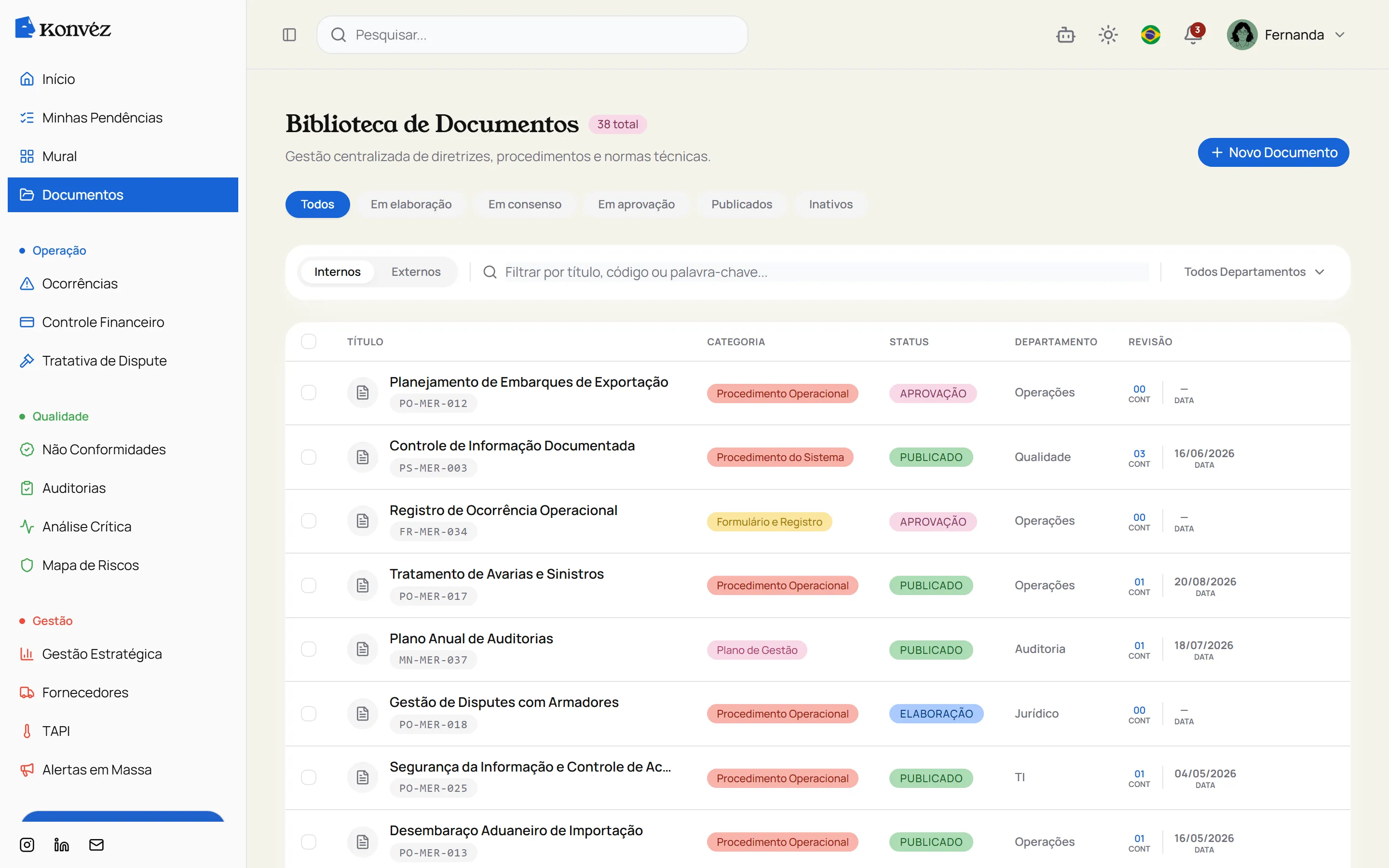 Biblioteca de documentos do Konvéz Quality com procedimentos de embarque, desembaraço aduaneiro e tratamento de avarias, cada um com status e revisão.