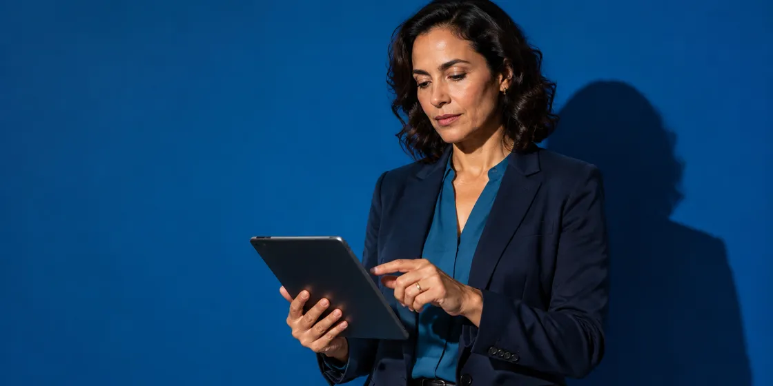 Profissional da qualidade verificando evidências objetivas em um tablet durante uma análise do SGQ.