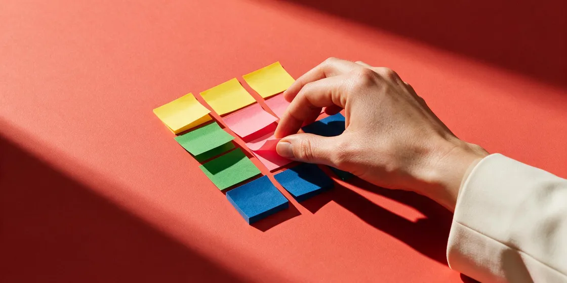 Post-its coloridos organizados em uma matriz para representar a avaliação de riscos na qualidade.