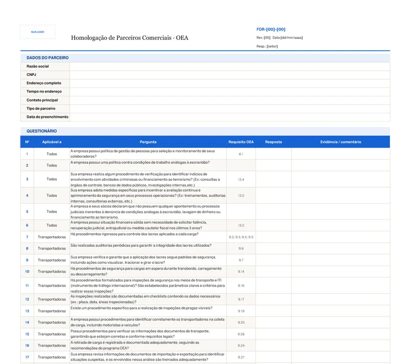 Formulário de homologação com dados do parceiro e questionário com número, aplicação, pergunta, requisito OEA, resposta e evidência.