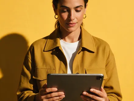 Profissional de armazém conferindo informações em um tablet.