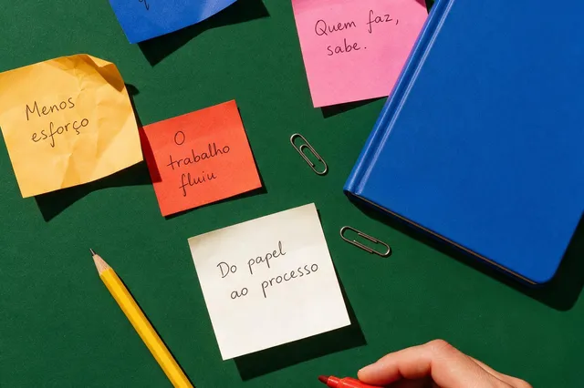 Post-its coloridos com anotações de processo sobre uma mesa de trabalho verde.