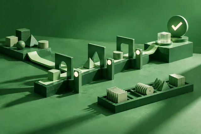 Estrutura geométrica verde com etapas de controle que representa uma matriz de riscos aduaneiros rastreável.