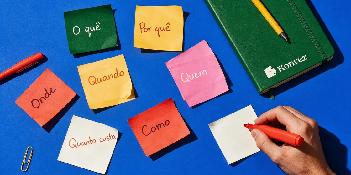 Post-its com os sete campos do plano de ação 5W2H: o quê, por quê, onde, quando, quem, como e quanto custa.