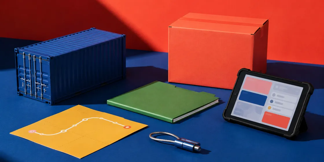 Contêiner, caixa, pasta, rota, lacre e tablet representando um SGQ integrado à operação logística.