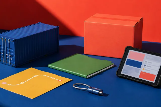 Contêiner, caixa, pasta, rota, lacre e tablet representando um SGQ integrado à operação logística.