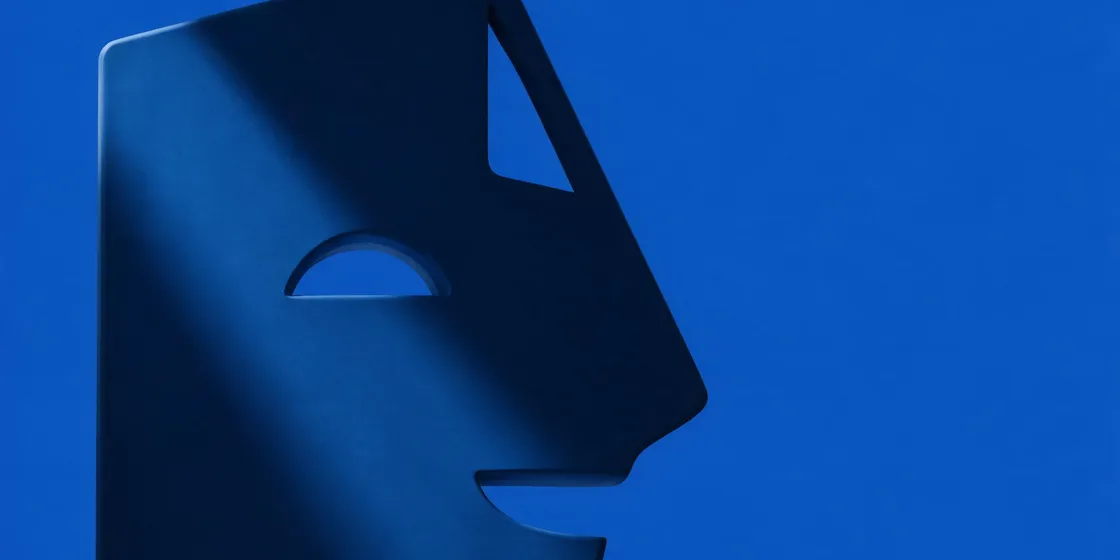 Render tridimensional abstrato do símbolo da Konvéz em tons de azul.