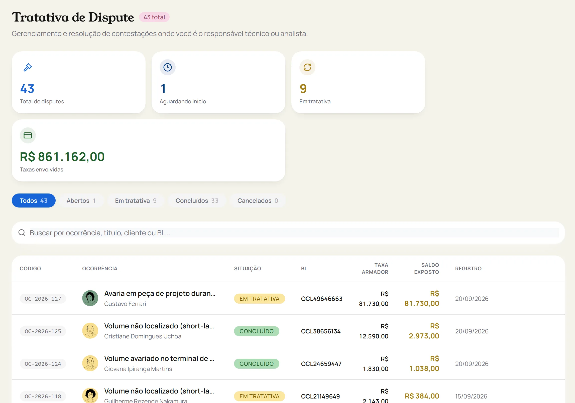 Tratativa de Dispute do Konvéz Quality com total de disputes, taxas envolvidas e lista com BL, taxa do armador e saldo exposto.